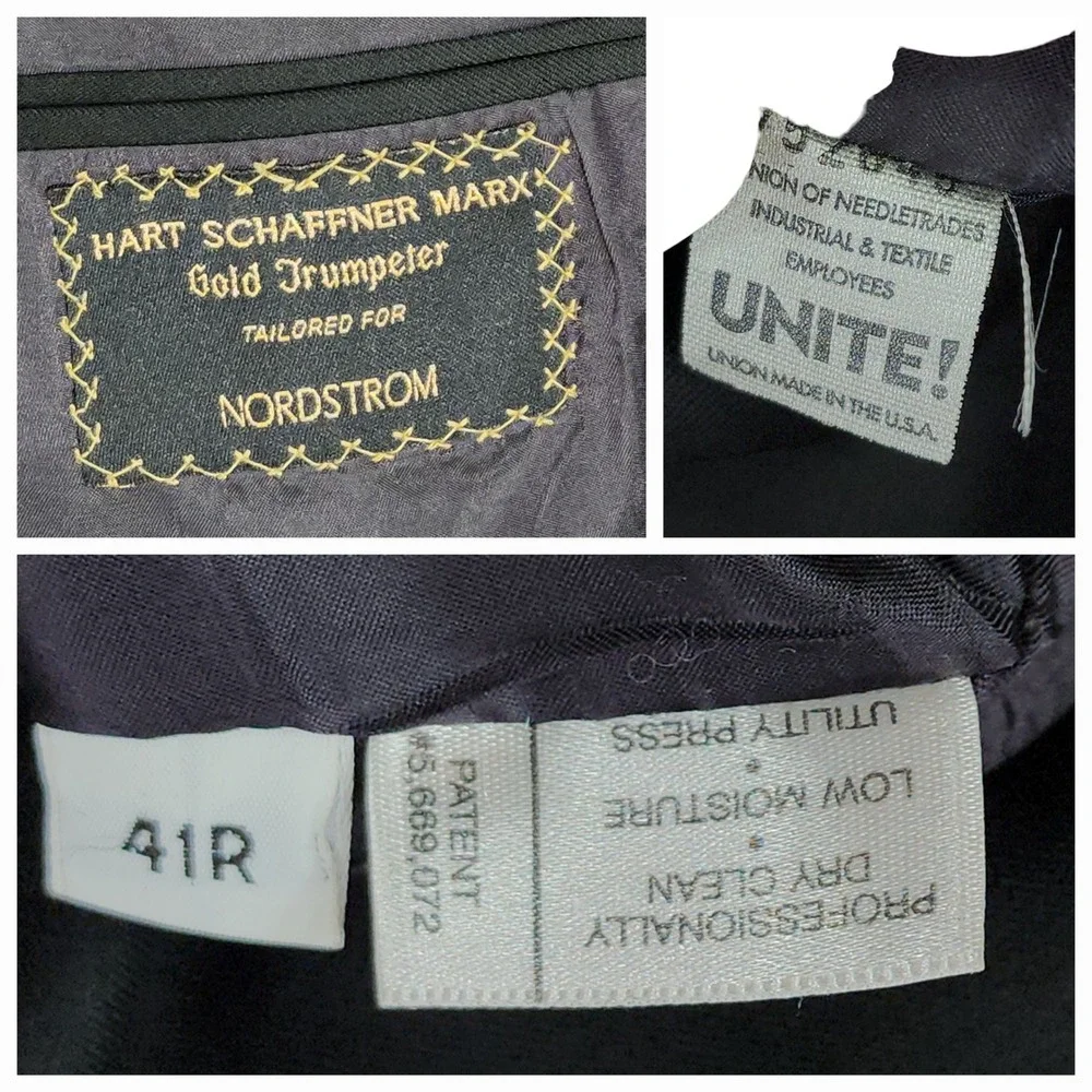 Vtg Hart Schaffner Marx Blazer 41R‎ Men Black Wool Gold Trumpeter Shiny USA